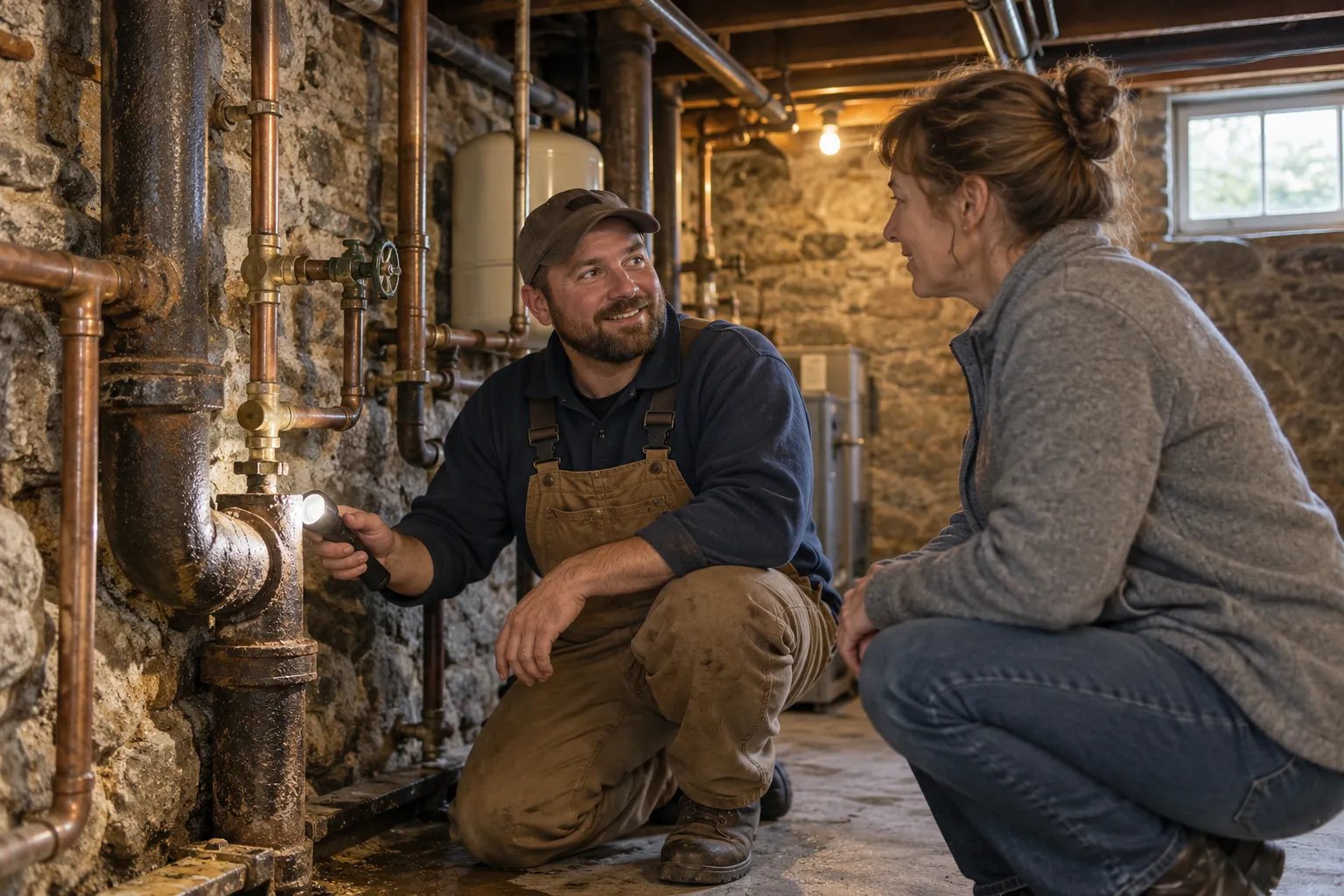 A friendly plumber checking pipes in an older New York basement