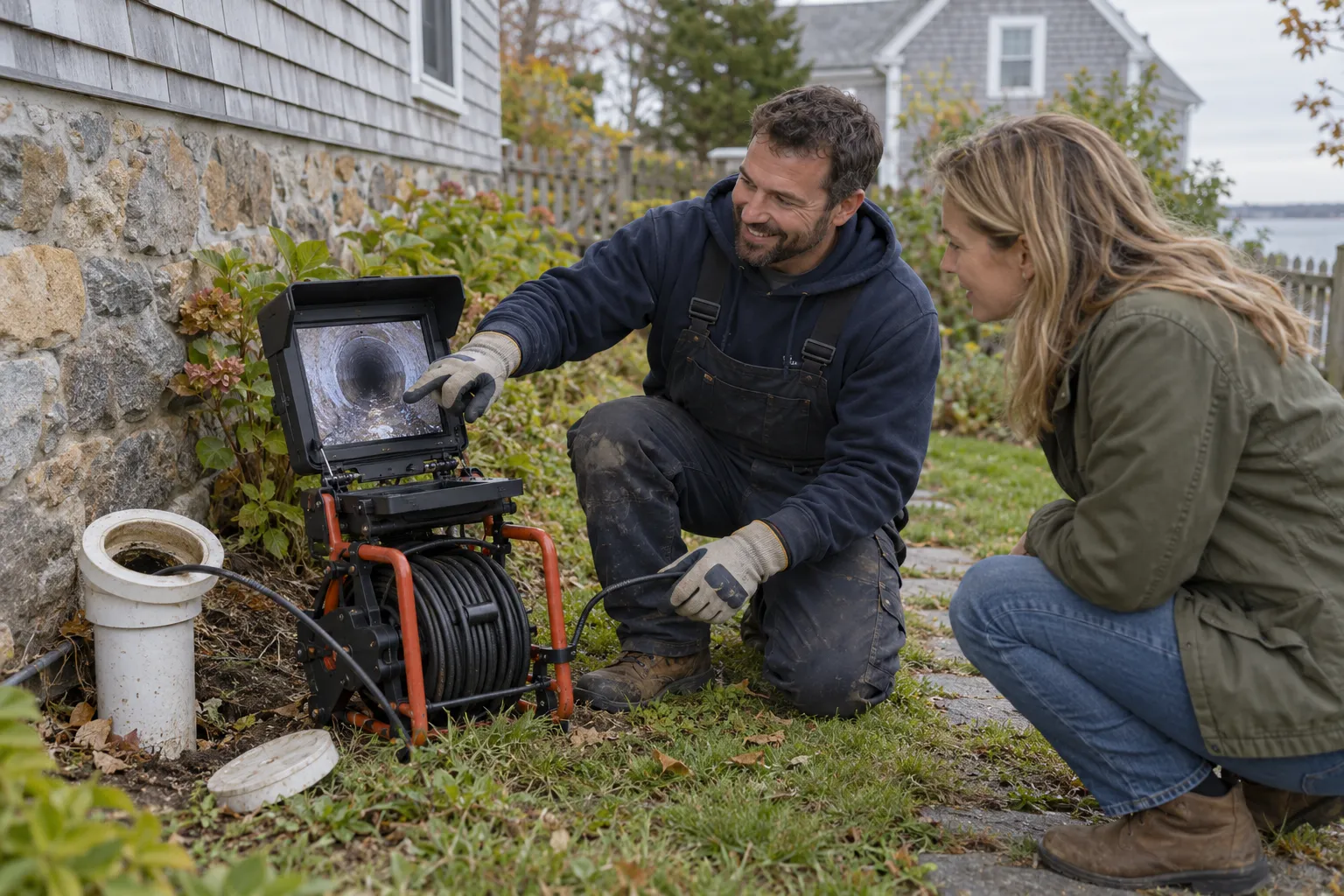 Friendly plumbing provider showing a homeowner a sewer camera inspection on a monitor outside an older home in New York